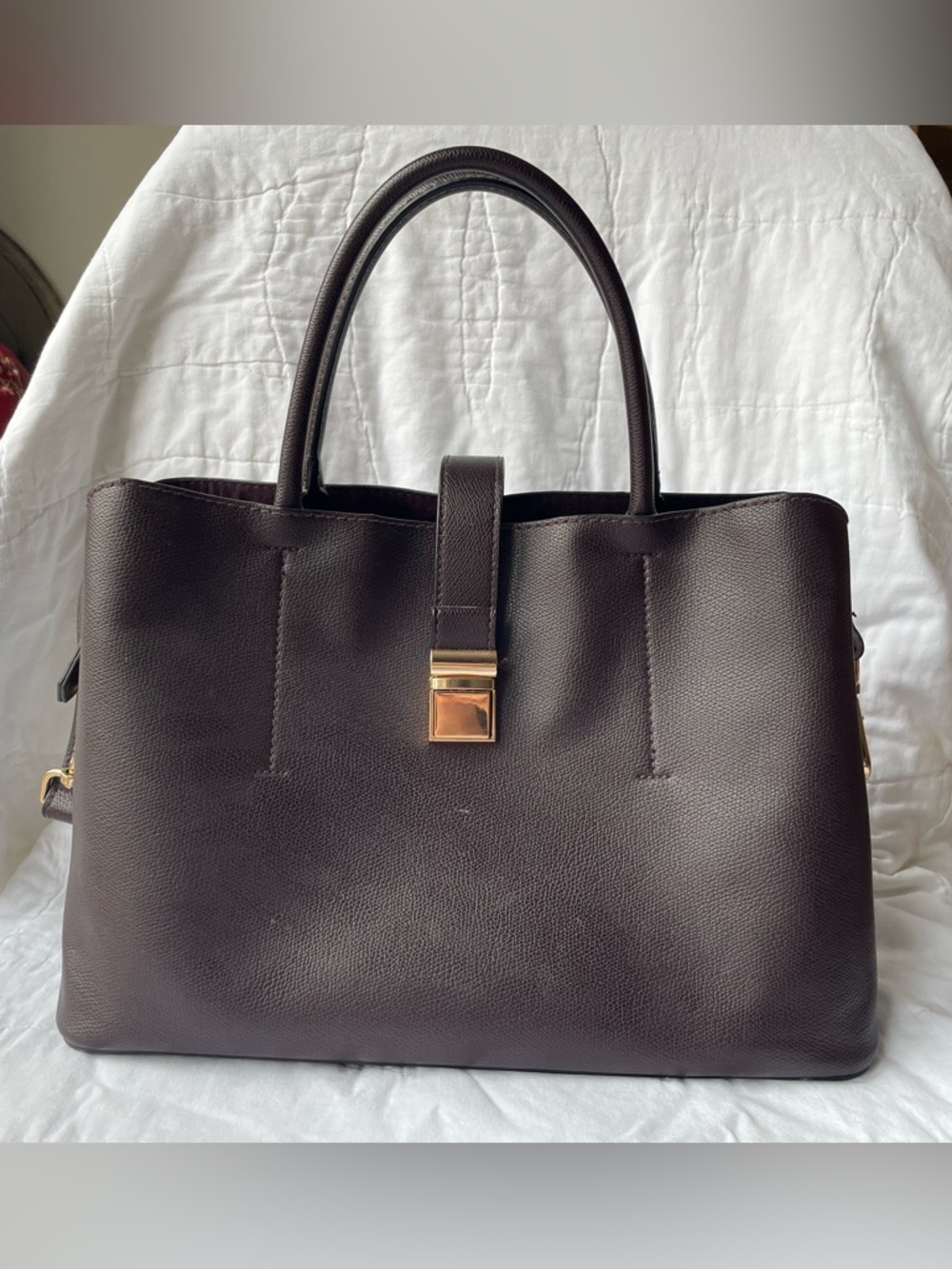 H&M Classic Structured Tote Bag in Dark Plum with Gold Accent